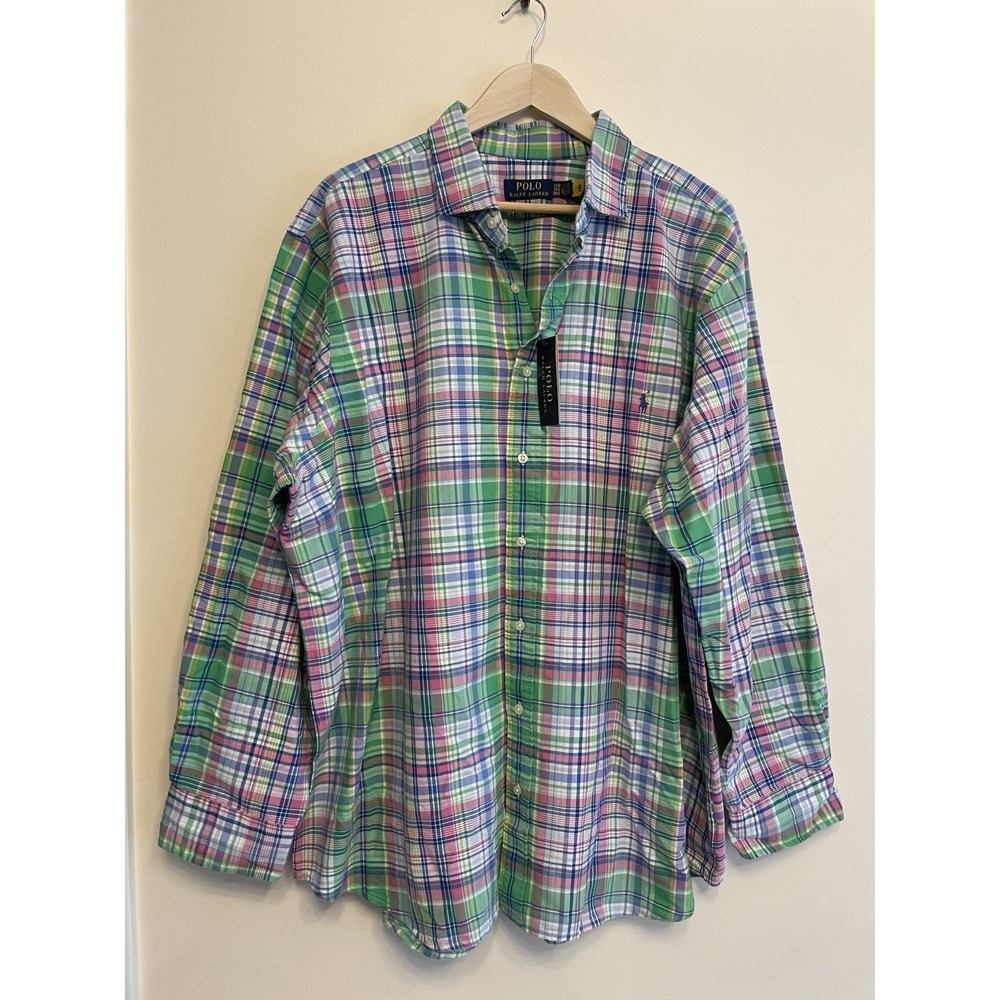Polo Ralph Lauren Plaid Oxford Sport Shirt Men 2X Big Collared 100% Cotton New